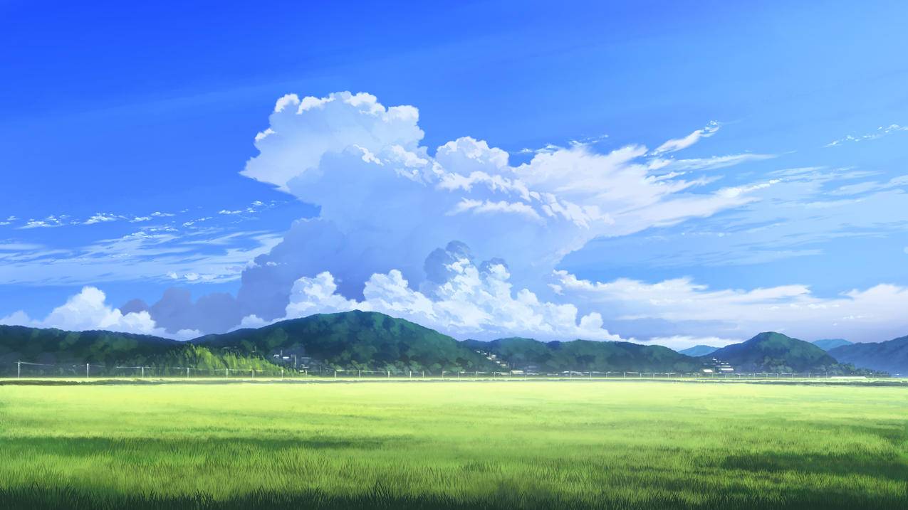 4k 手绘 风景 天空 云 山 绿色草地 高清 壁纸
