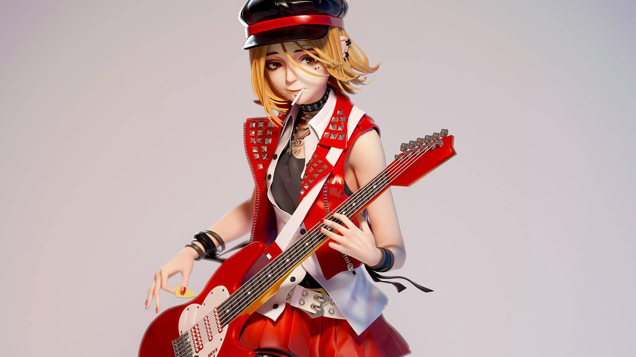吉他 帅气女孩 红色 棒棒糖 3D 4K高清动漫壁纸