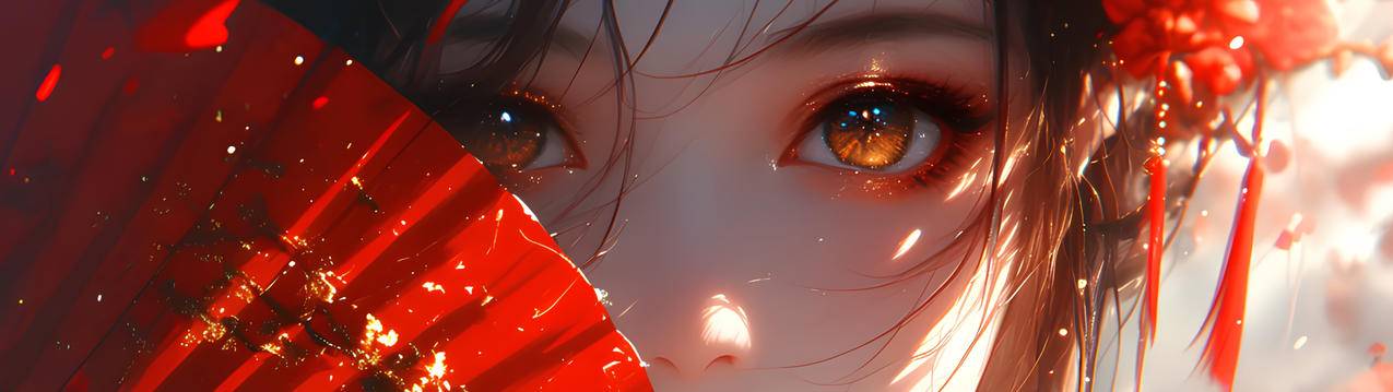 古风红扇动漫女孩3840x1080高清双屏壁纸