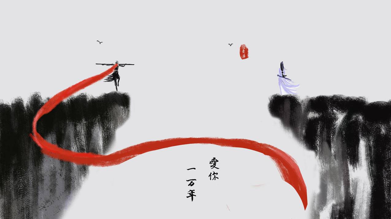 大话西游 至尊宝 紫霞仙子 水墨风 忘忧草 8K超高清壁纸 8000x4500