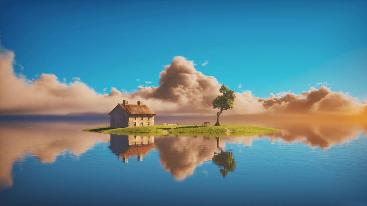 蓝天 云 小岛上的房子 小树 水 唯美意境 4k风景壁纸