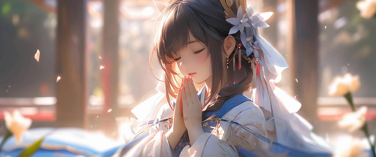 动漫女孩 双手合十 许愿 3440x1440带鱼屏壁纸