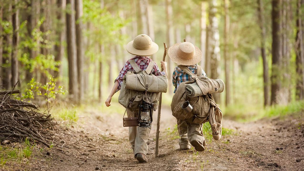 两个男孩背着背包 可爱 徒步旅行 森林小路 阳光明媚 4K高清壁纸
