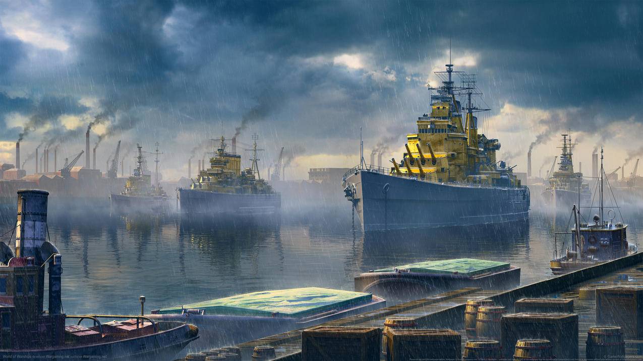 《战舰世界 World of Warships》下雨 轮船 港口 4K高清壁纸