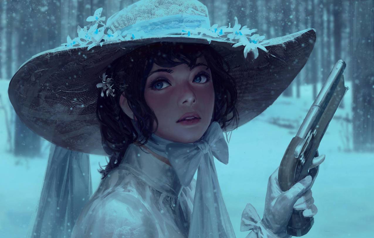 冬季 雪地 树林 女孩 白帽子 枪 中世纪衣裙 4K高清动漫壁纸