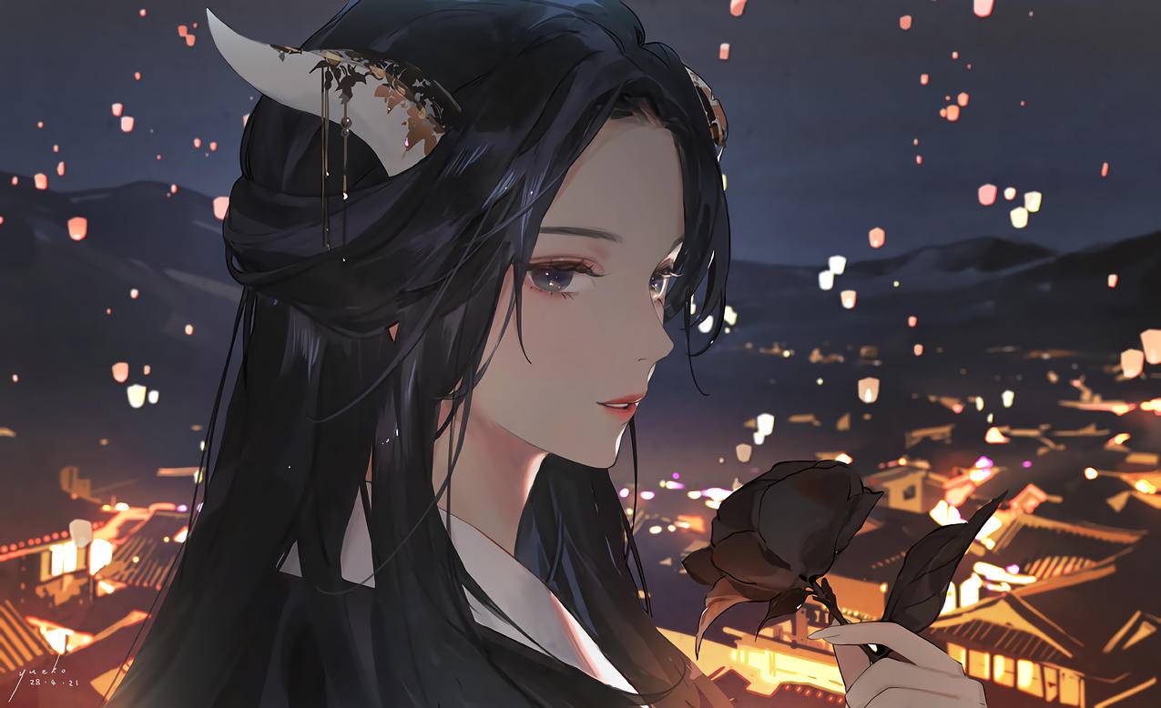 灯笼节 女孩 兽角 二次元动漫4k壁纸
