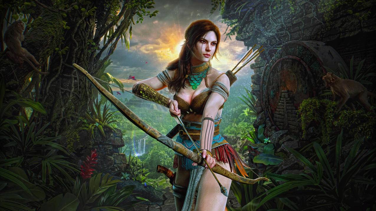 《猎人女孩Lara Croft Hunter Girl》弓箭 森林 猴子 藤蔓 4K高清壁纸