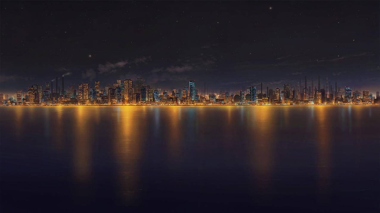 海边的城市夜晚 4K动漫风景壁纸