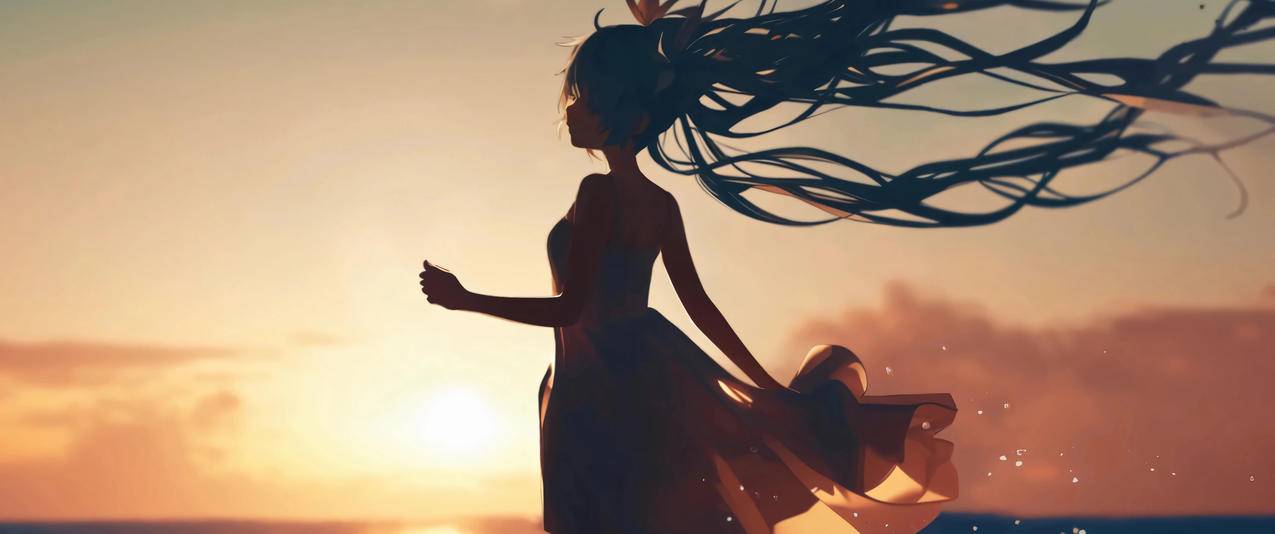 黄昏海 初音未来3440x1440带鱼屏壁纸