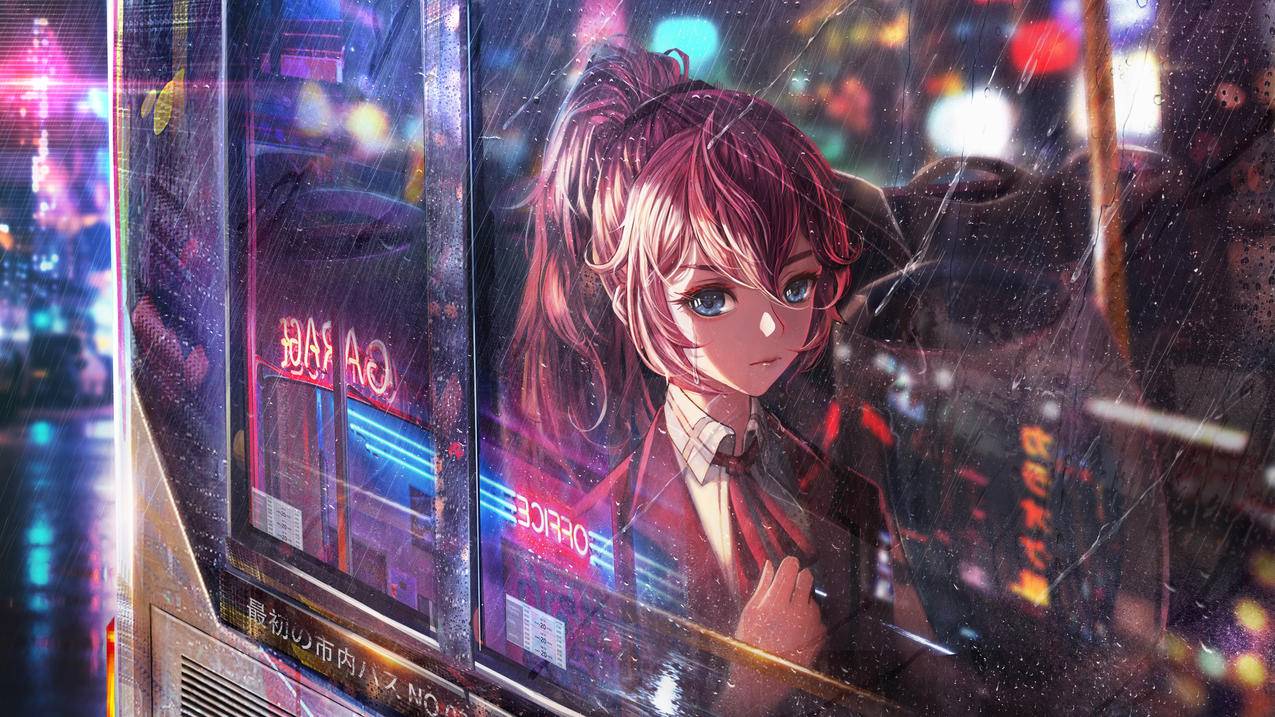 车窗 玻璃 雨 少女 马尾辫 西装 4K动漫壁纸