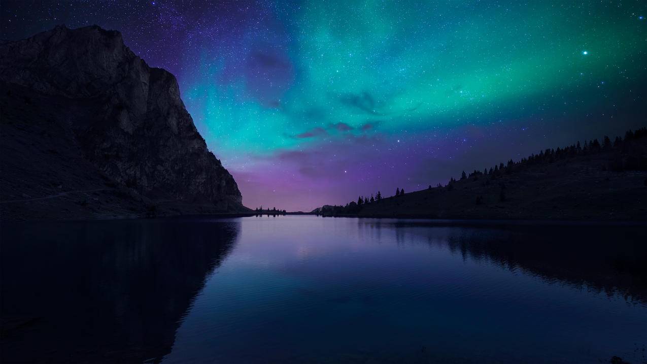 奥罗拉湖的夜晚 瑞士Bannalp湖 冰岛 极光 星空 4K高清壁纸