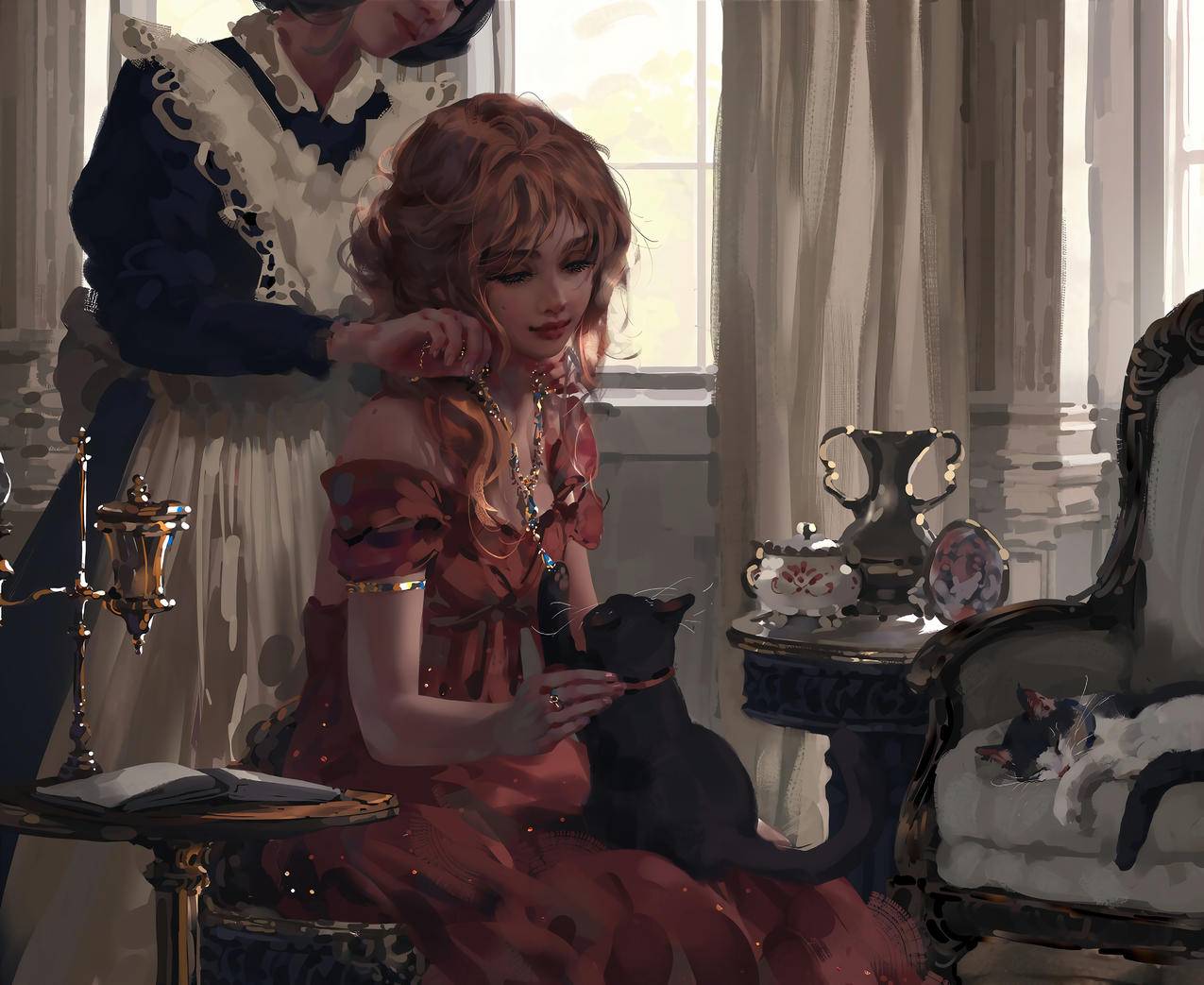 女仆 女孩 精致 红裙 猫 沙发 项链 茶具 书 4K高清动漫壁纸