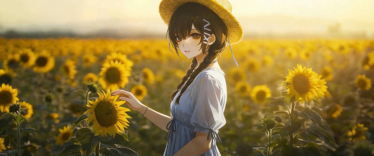 向日葵 花海 女生 帽子双马尾辫 白色裙子3440x1440带鱼屏壁纸