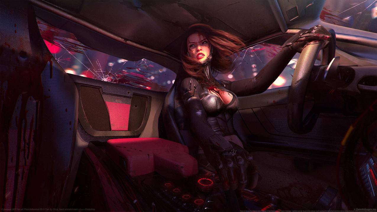 《赛博朋克2077 cyberpunk2077》女孩 开车受冲击 血 4K高清壁纸