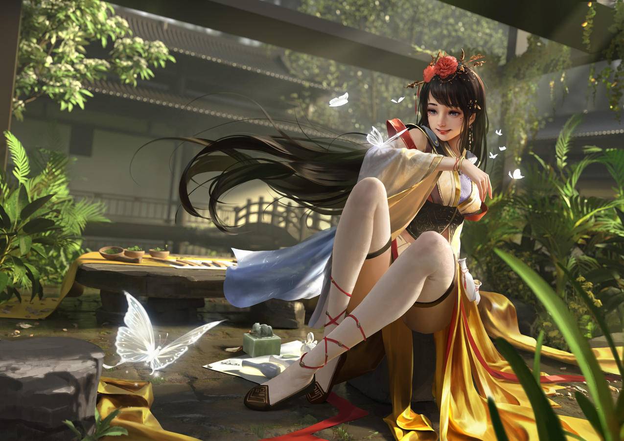 三国杀 蝴蝶 庭院 女孩 唯美 4K高清游戏壁纸