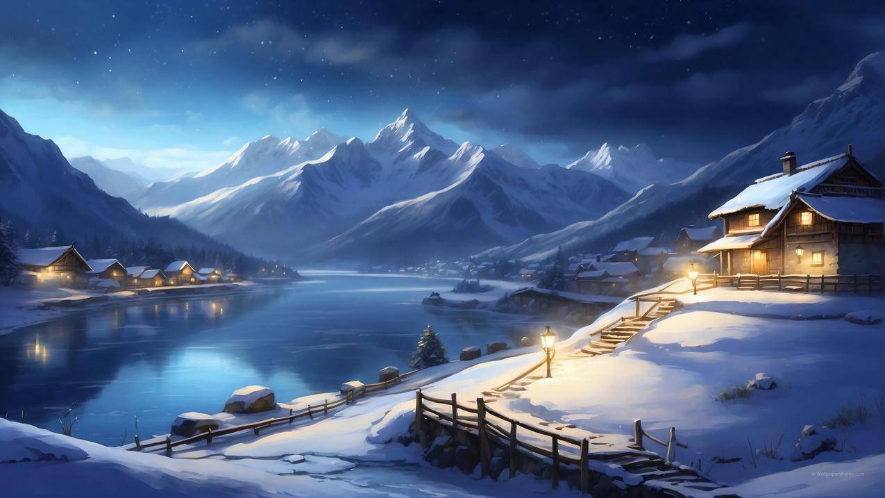 冬季 夜景 雪景 雪山 湖水 房子 灯光 4k风景壁纸