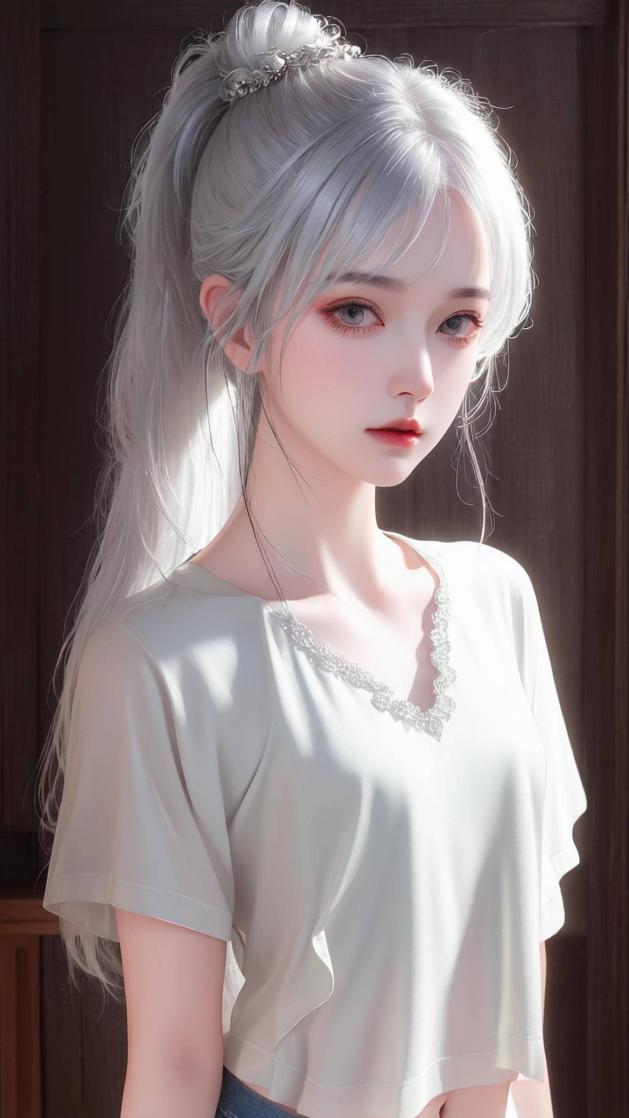 白色马尾辫 白色衣服 ai动漫美女4k高清手机壁纸